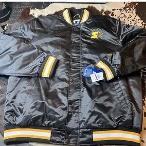 STARTER Brand Satin Bomber Varsity Jacket Black w/ Yellow Snap Buttons Size 2XL